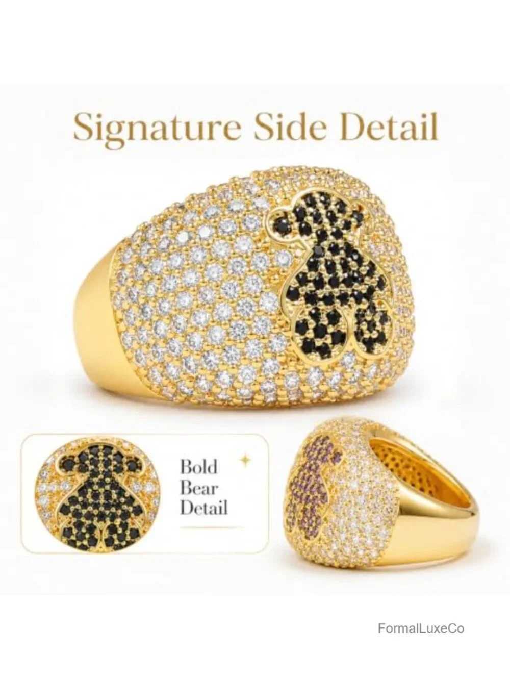 14K Gold Plated Pave CZ Bear Dome Statement Ring Women's Cocktail